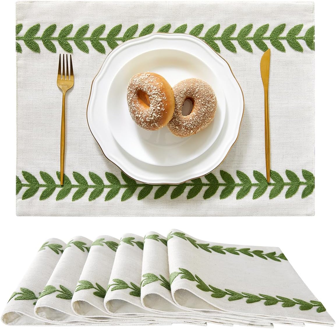 Wracra Embroidered Placemats, 13 x 18 Inch Set of 6 Placemats, Irregular Willow Rustic Place Mats for Kitchen Table and Heat Resistant, Green 6PCS