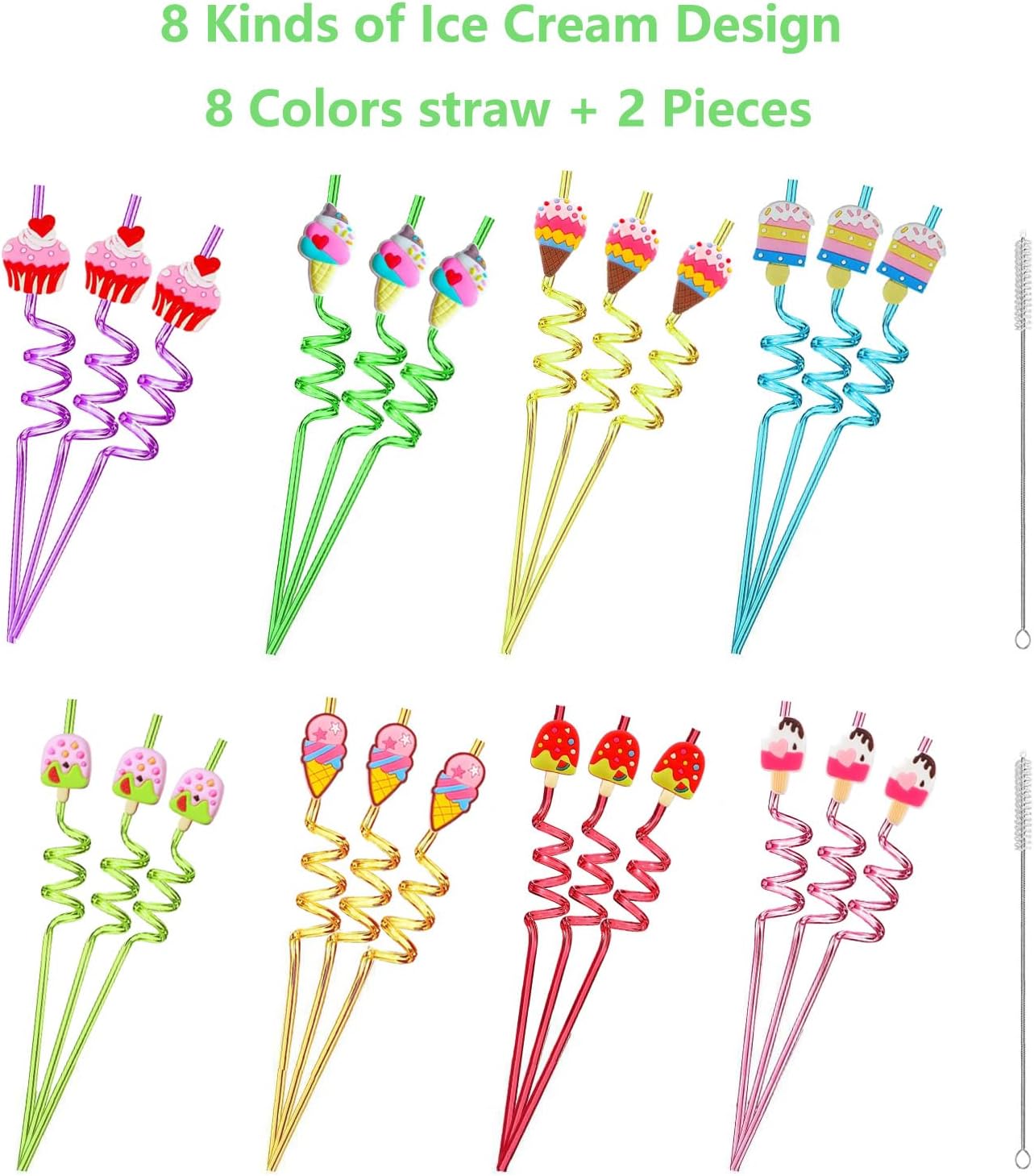 24 PCS Straws for Birthday Party Supplies Ice Cream Drinking Straws with 2 PCS Cleaning Brushes (Ice Cream)