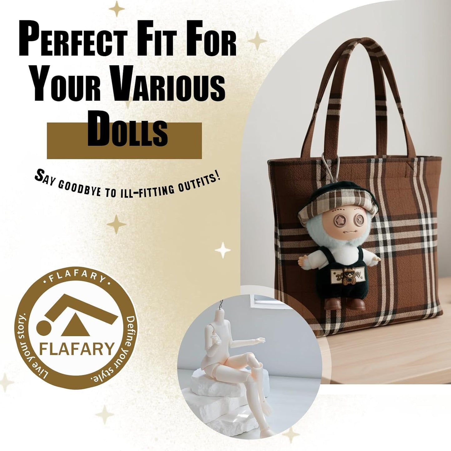 Doll Clothes for 17cm Dolls (No Doll Included) - Stylish and Adorable Outfits for Boys and Girls, Toy Fashion Accessories, Include Hat, Canvas Shoes(Teddy Bear-Hat)