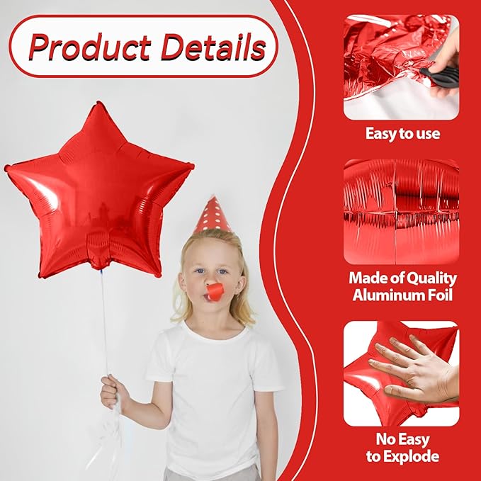 Red Blue Silver Star Foil Balloons, 10PCS Foil Stars Shape Balloon, 18 Inch Red and Black Stars Balloons for Helium Pentagram Balloon for Kids Boys Birthday, Anniversary, 4th of July Party Decoration