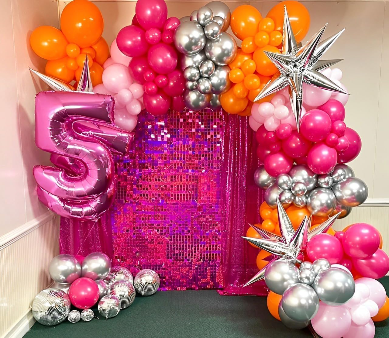 Pink and Orange Balloon Arch Kit, 180Pcs Hot Pink Orange Metallic Silver Latex Balloon Garland kit, 18 12 10 5 Inch Different Size Balloons for Birthday Baby Shower Wedding Party Decorations