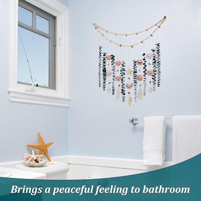 Genuine Eucalyptus Wall Decor with Natural Seashell Beach Decor Coastal Home Decorations with Fresh Eucalyptus Stems Hanging Wooden Bead Garland for Large Bedroom Bathroom Living Room 32 x 32 Inch
