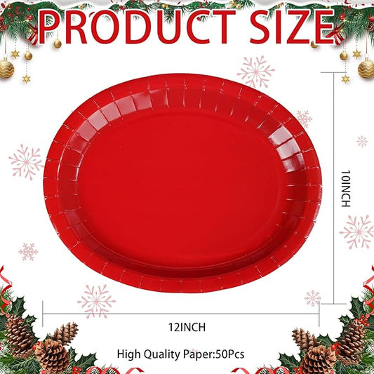 50 Pcs Red Oval Paper Plates 10"x12" Large Red Valentine's Day Plates Disposable Heavy Duty Valentines Day Platter for Chinese New Year Holiday Decorations Daily Dinner Wedding Birthday Party Supplies