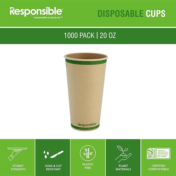 Responsible Products 20 oz Paper Hot Cups, Tree-Less™ Compostable Paper Coffee Cups, Extra Strength, Tree-Free and Made Without PFAS, Natural Brown (1000 Count)