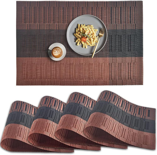 homEdge PVC Placemat, 4 PCS of Non-Slip Heat Resistant Place Mats, Washable Vinyl Placemats, Set of 4 – Ombre Brown Black