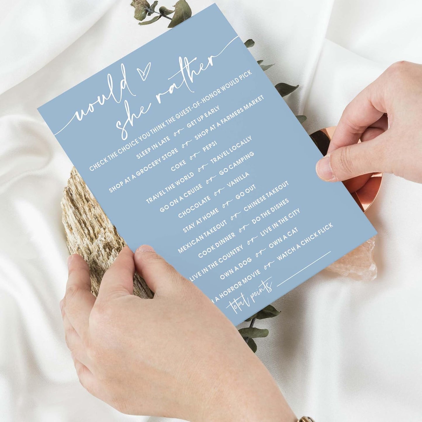 Bridal Shower Games Cards, Would She Rather Bridal Shower Game for 25 Guests, Engagement Party Wedding Games for Guests, Minimalist Blue Wedding Party Supplies - B11