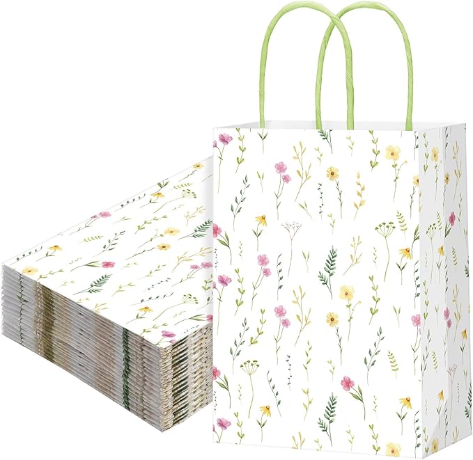 Marspark 24 Pcs Spring Wildflower Paper Gift Bags for Wedding Bridal Baby Shower Engagement Birthday Party Supplies Floral Treat Bag with Handles Candy Goodie Bags for Guests