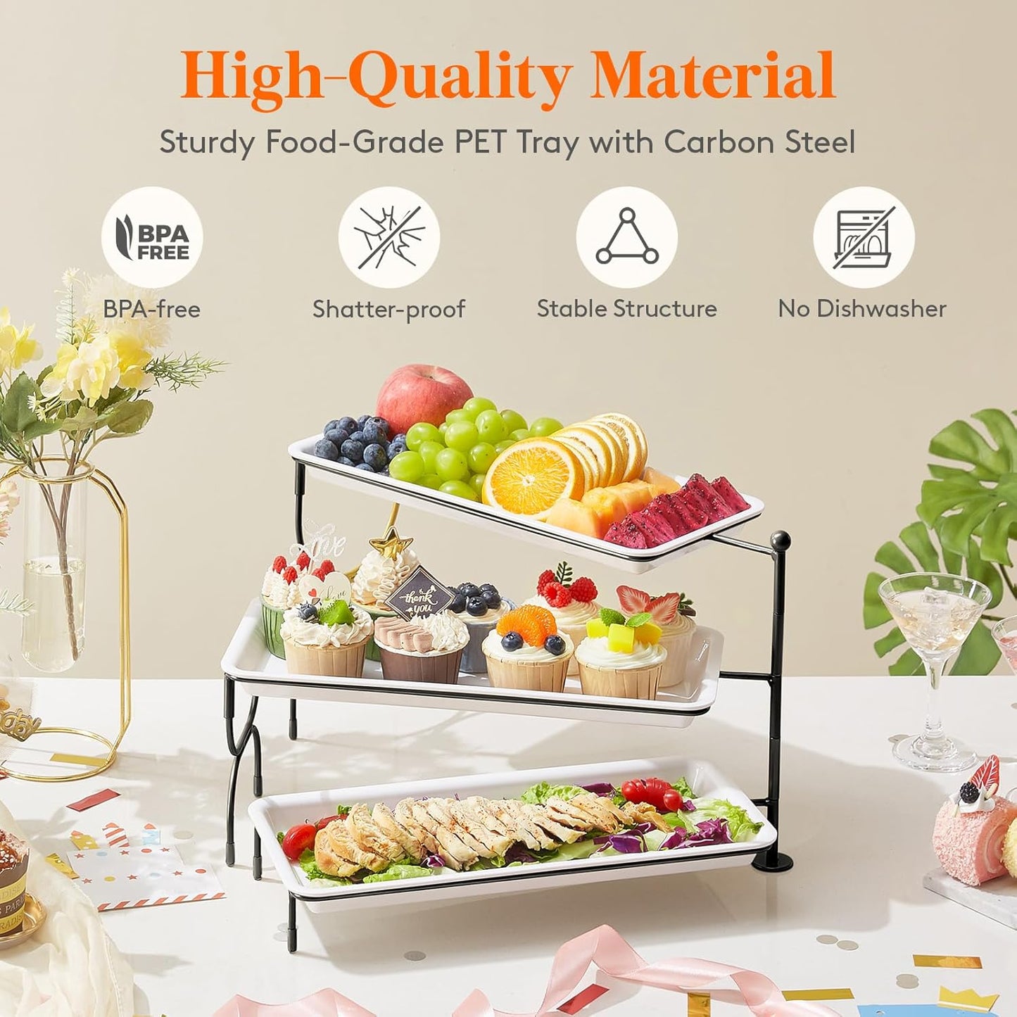 Lifewit 3 Tier Serving Tray, 14" x 6.5" White Plastic Tiered Food Serving Platters, Rotatable Tiered Tray Stand for Party with Black Collapsible Metal Stand, Dessert Table Stands for Cookies, Crackers