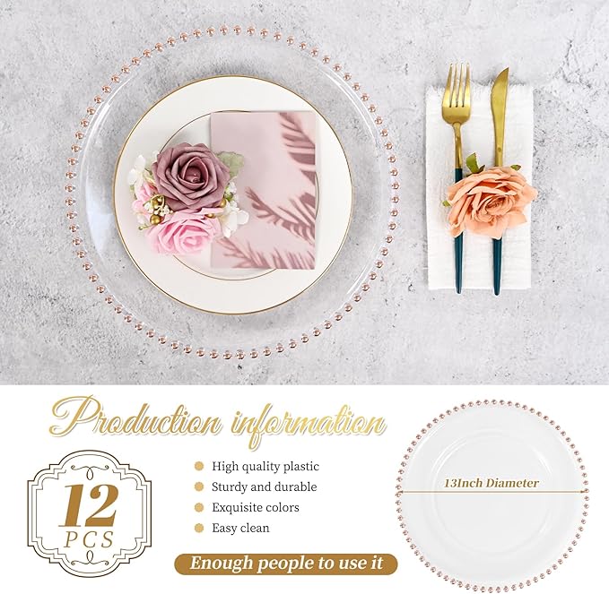 12 PCS Clear Round Charger Plates with Beaded Rim, 13 Inch Plastic Acrylic Plate, Plastic Round Beaded Dinner Decorative Service Plates for Wedding Party Event, Home Kitchen Tabletop(Pink)