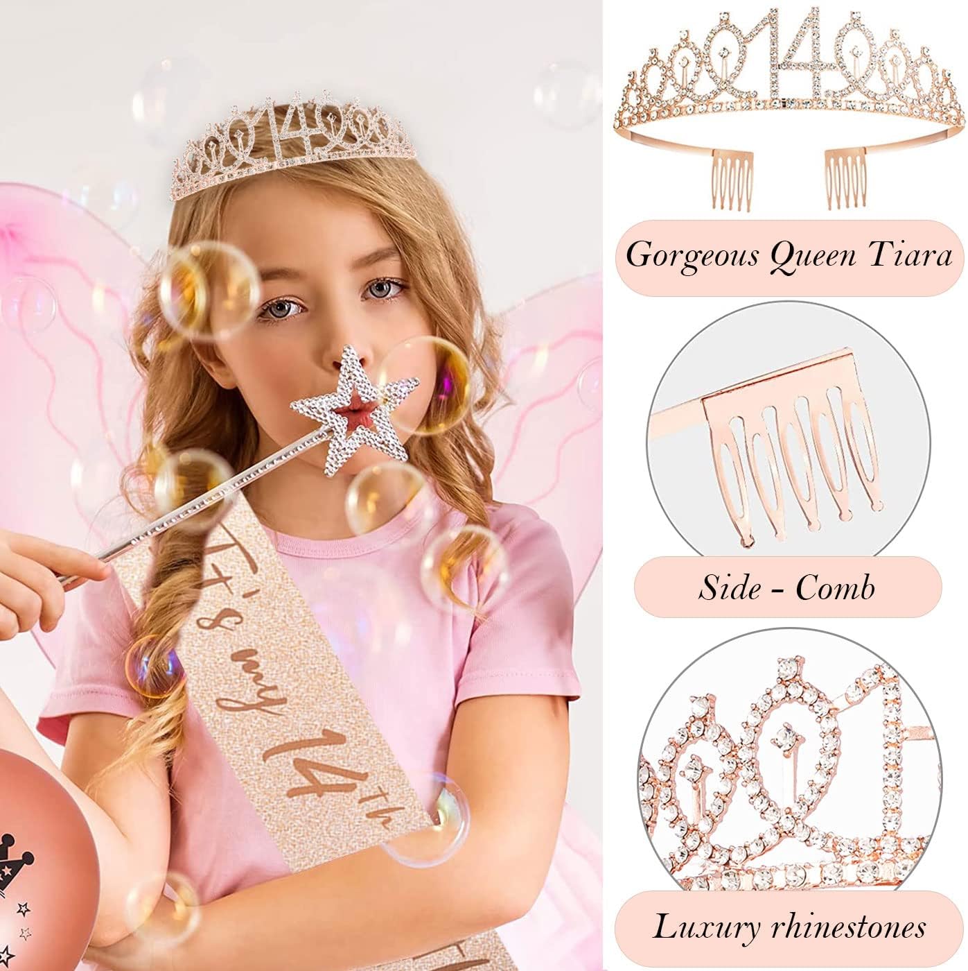 14th Birthday Decorations for Girls, 14th Birthday Sash and Crown, Cake Topper, Number Candles and Balloons, 14 Year Old Gifts for Girls