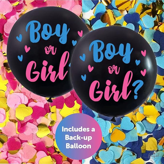 5 Pc Jumbo 36 Inch Baby Gender Reveal Balloon Kit - Big Black Balloons with Pink and Blue Heart Shape Confetti - Baby Shower Party Supplies, Gender Reveal Decorations for Boy or Girl