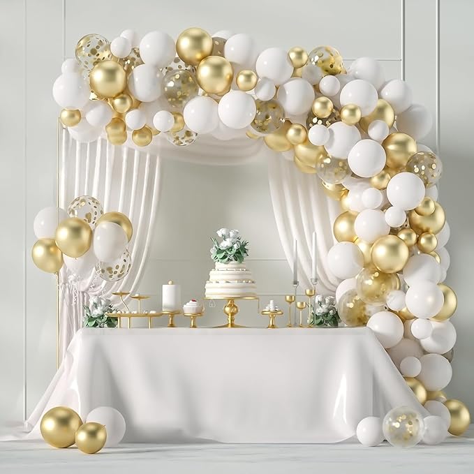 White and Gold Balloons Arch Kit,130pcs Gold and White Balloon Garland,Different Sizes White Latex Balloons for Wedding,Engagements,Birthday,Baby Shower Anniversary Decorations
