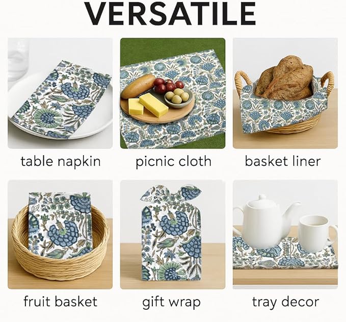 Napkins, Kitchen Towels, Table Decor, Table Linen, Cotton Cloth Border Napkins, Size 18"x 18", Hand Block Print Lunch, Dinner Napkins (Random Mix, Set of 8-18x18 Inch)