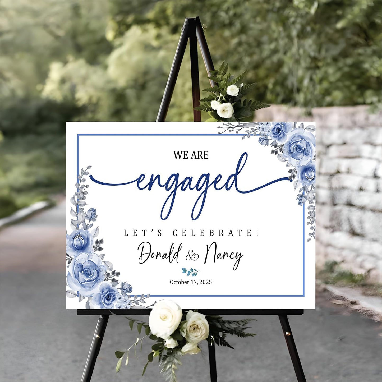 Engagement Party Welcome Sign, Blue Floral Engagement Picture Signs, Engagement Signs For A Party, Engagement Decorations Party, Engagement Dinner Decorations, Engagement Party Backdrop