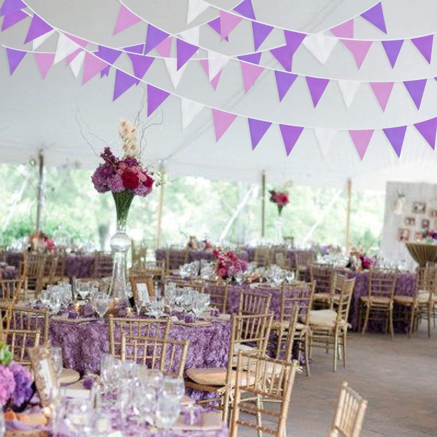 10M/32Ft Purple and White Pennant Banner Fabric Triangle Flag Cotton Cloth Bunting Garland Kit for Wedding Birthday Lavender Party Home Nursery Outdoor Garden Hanging Festivals Decoration (36Pcs)