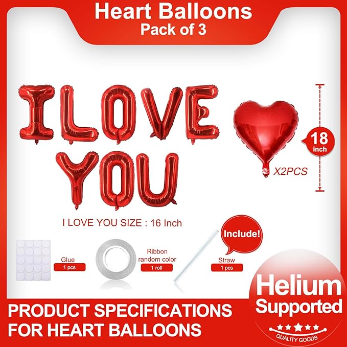 Red Heart Shaped Balloons Red I LOVE YOU Valentine Balloons for Valentines Day Bridal Shower Wedding Party Decorations