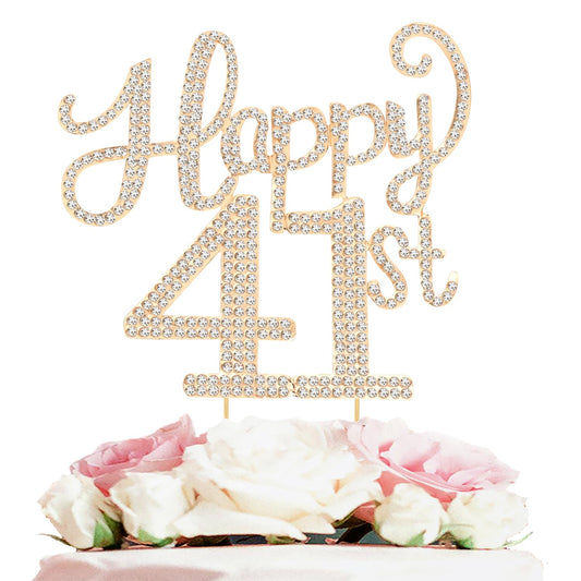 Happy 41st Birthday Decorations,41st Birthday Gold Rhinestone Cake Topper - Cheers to 40 Years Old Bday Party Metal Sparkly Cake Centerpieces Sign.