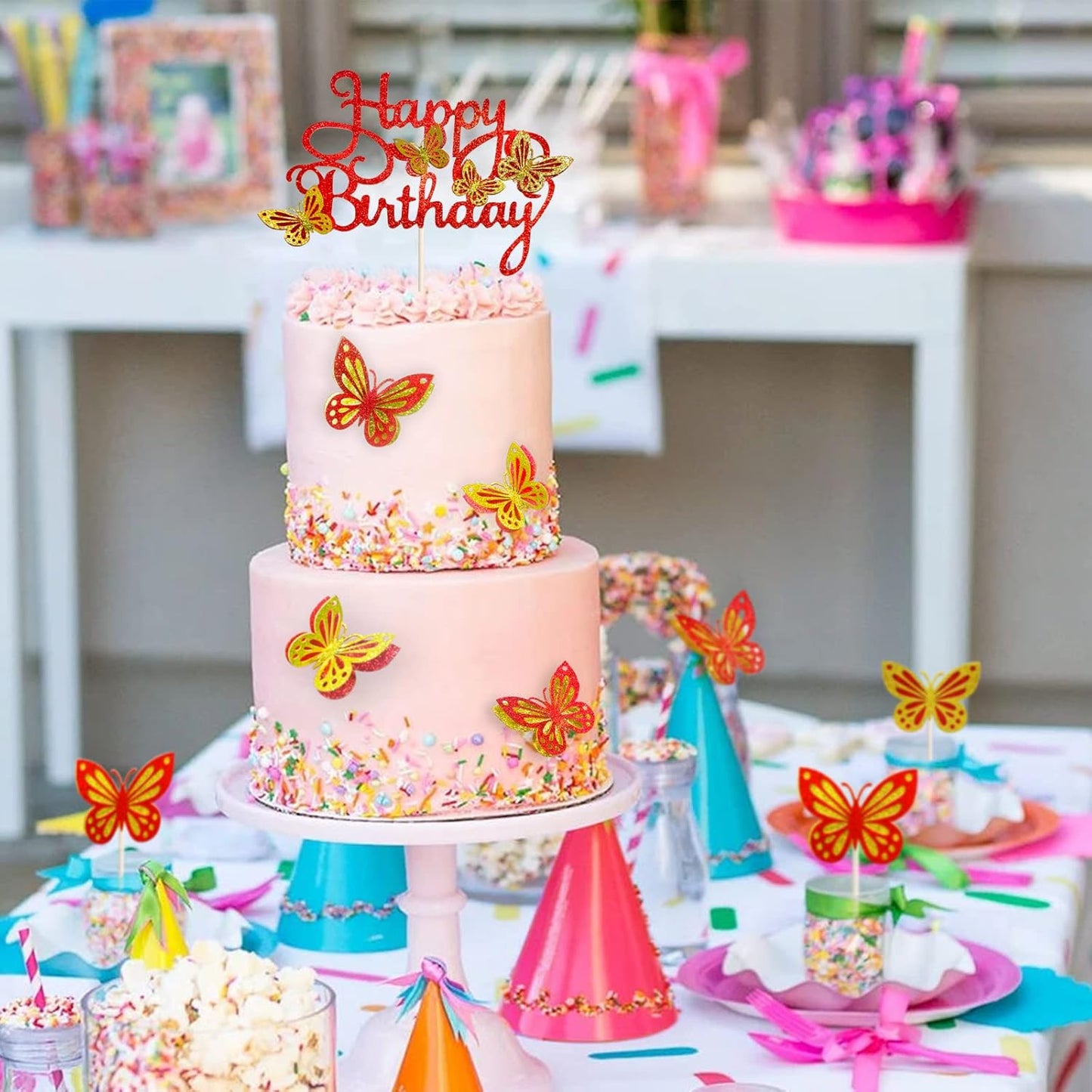 13-Piece Butterfly Cake Toppers - 3D Cupcake Toppers for Girls & Women's Birthdays (Golden Red)