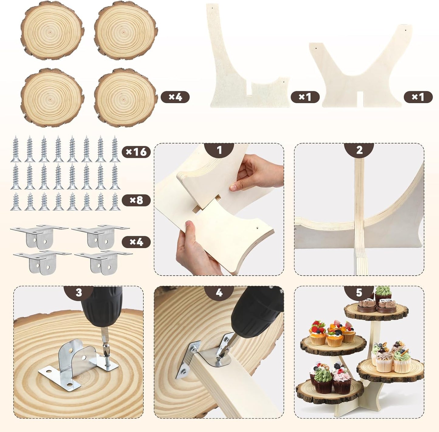 Chunful 4 Tier Round Natural Wood Cupcake Dessert Stand, Cup Cake Tower Stand Holder, Wooden Cake Display Tiered Centerpiece, Great for Party, Birthdays, Weddings, Baby Showers, Holiday Decoration