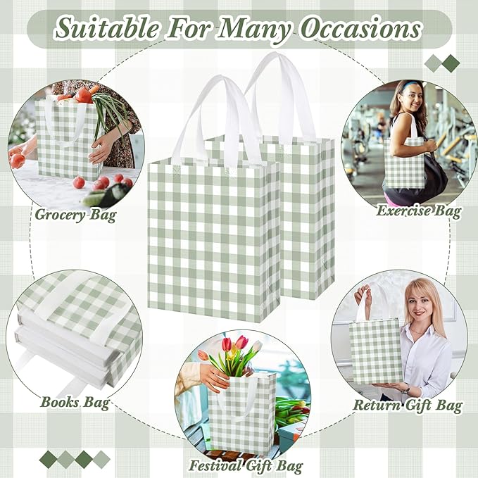 Supervitae 24 Pack Gingham Gift Bags Medium Green and White Theme Party Decoration Supplies Reusable Non Woven Totes for Checkered Dinner Baby Shower Wedding Party Favor(9.8" x 7.9" x 3.9")