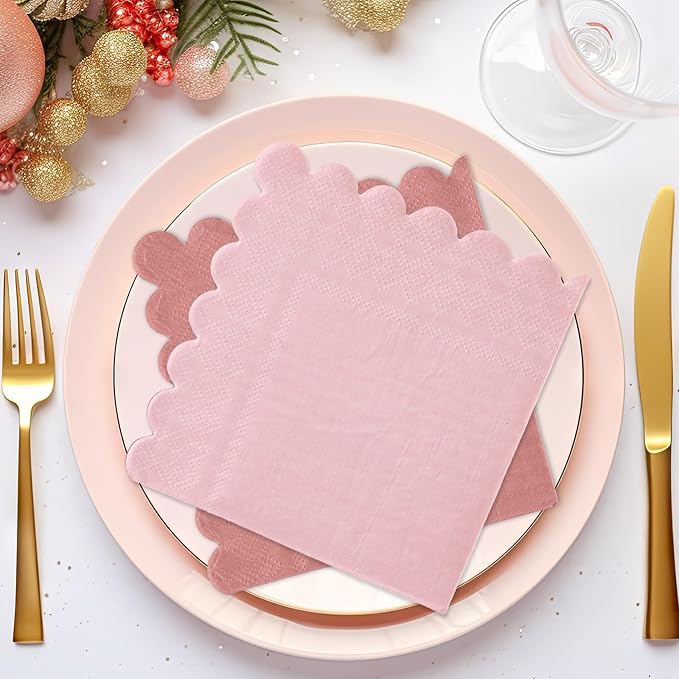 Whaline 150Pcs Dusty Pink Cocktail Napkin Gradient Color Scalloped Paper Napkin 3 Colors Thick Disposable Party Dinner Dessert Beverage Napkin for Party Supplies Table Decor, 5 x 5 In