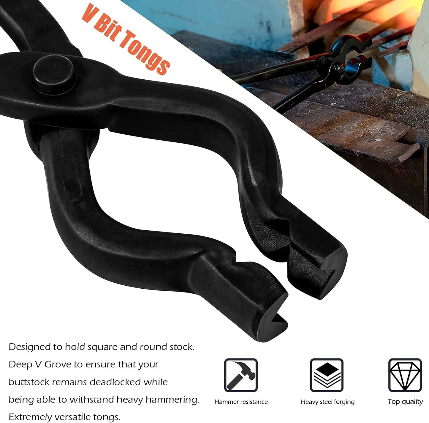 Yoursme Blacksmith Tongs - Wolf Jaw & V-bit Tongs - Blacksmith Forge Tools - Knifemaking Bladesmith - Black