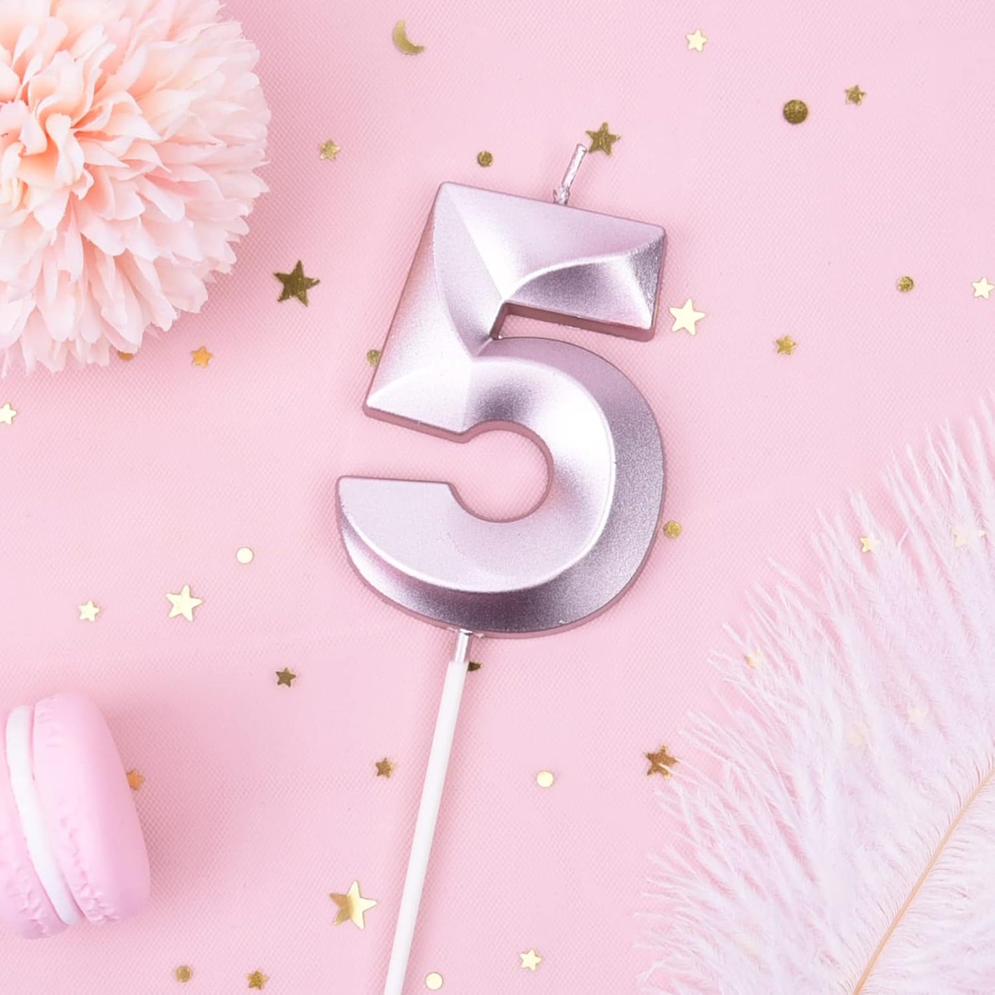 PHD Cake 2.76 Inch Diamond Rose Gold 5 Number Birthday Candles, Rose Gold & Cake Number Candles for Party Celebration