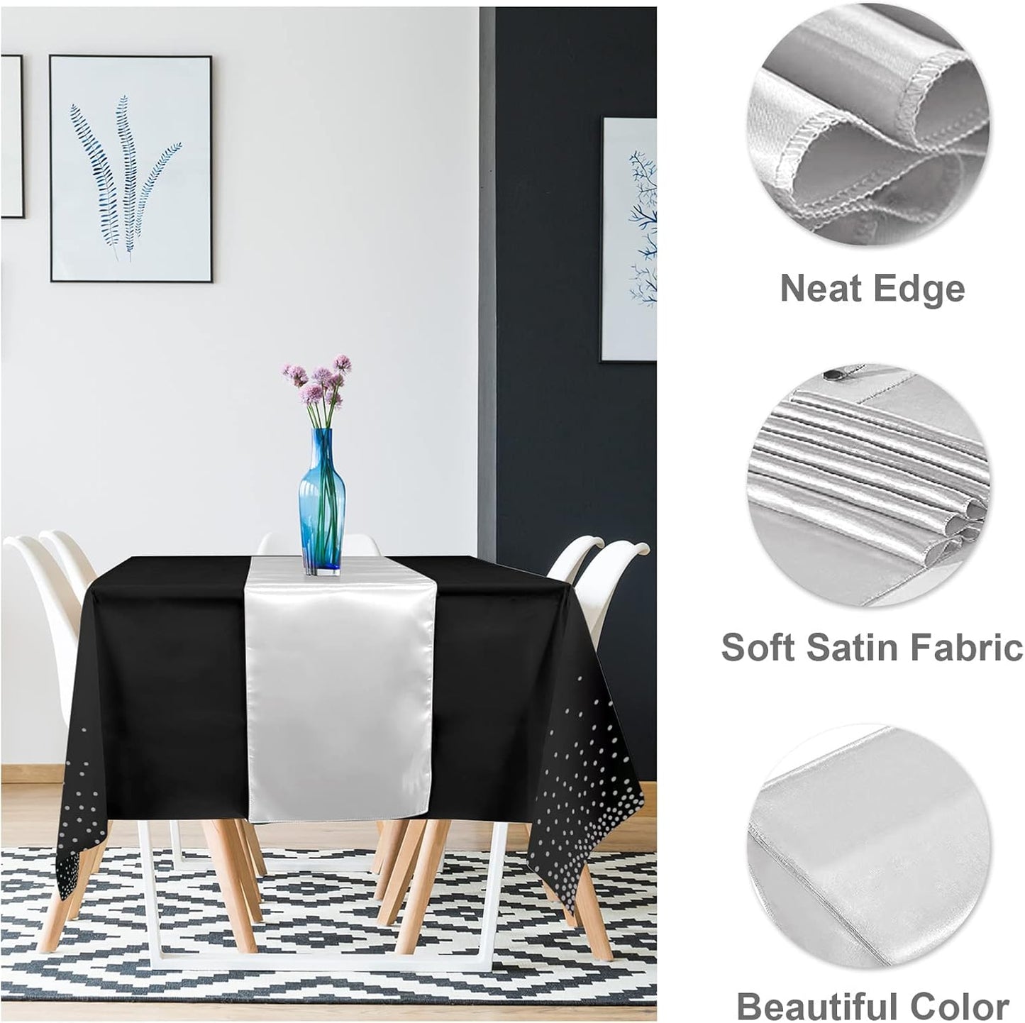 8Pack Disposable Plastic Tablecloths and Satin Table Runner Set Black and Silver Dot Tablecloth Silver Satin Table Runner for Wedding Birthday Baby Shower Anniversary Christmas New Year Party Supply