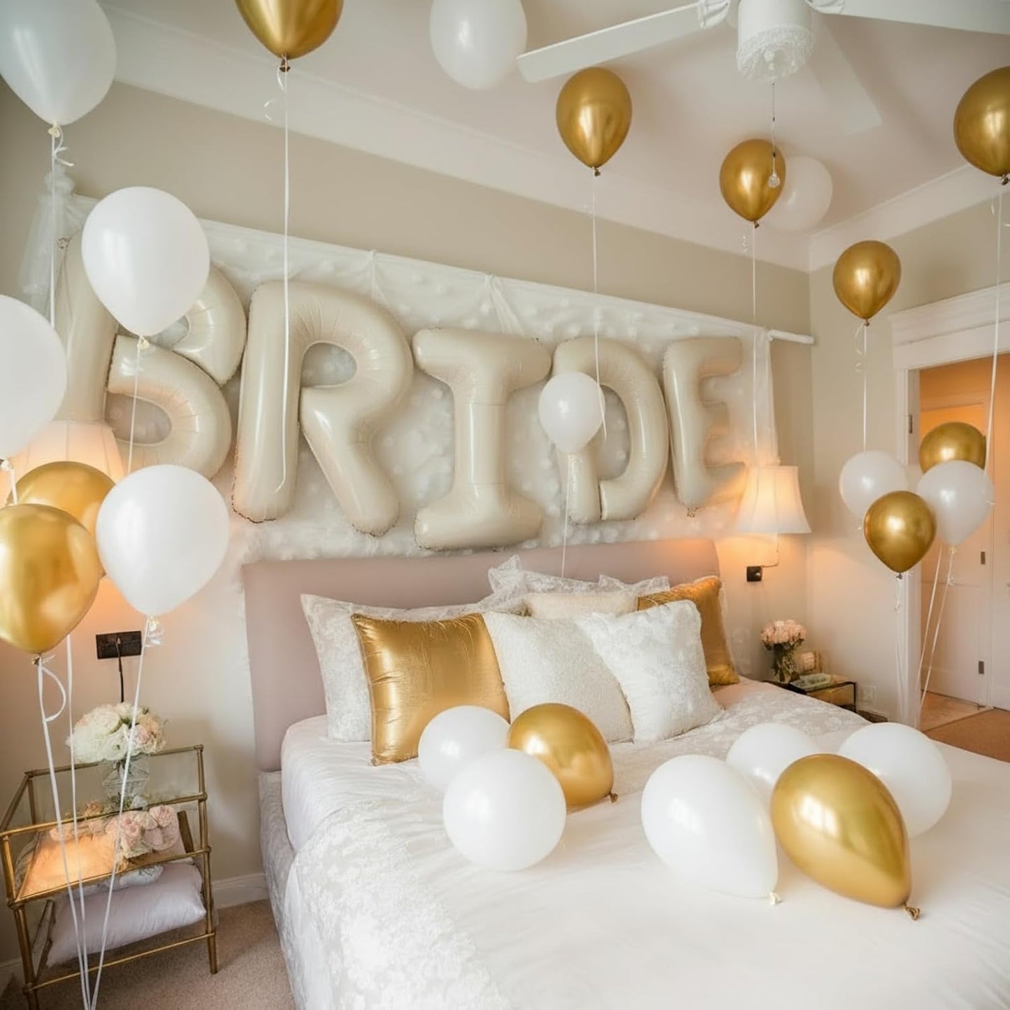 40Inch BRIDE Balloons- Metallic Gold Pearl White Balloons with Large Cream White BRIDE Foil Banner Letter Sign for Wedding Bridal Shower Engagement Bachelorette Party Decorations