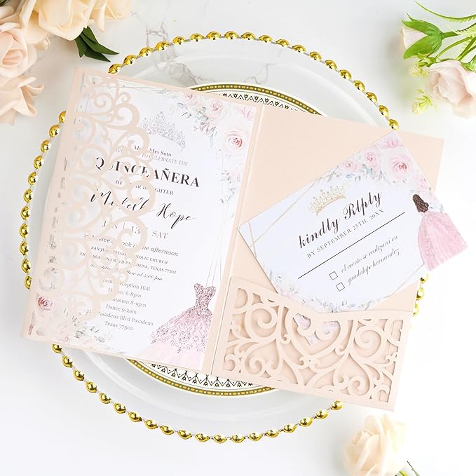 AdasBridal 50PCS Laser Cut Invitations Pink Wedding Invitation with Envelopes and Rsvp Cards Blank Inserts Personalized Your Party Invites for Quinceañera Wedding Birthday Girls Baby Shower