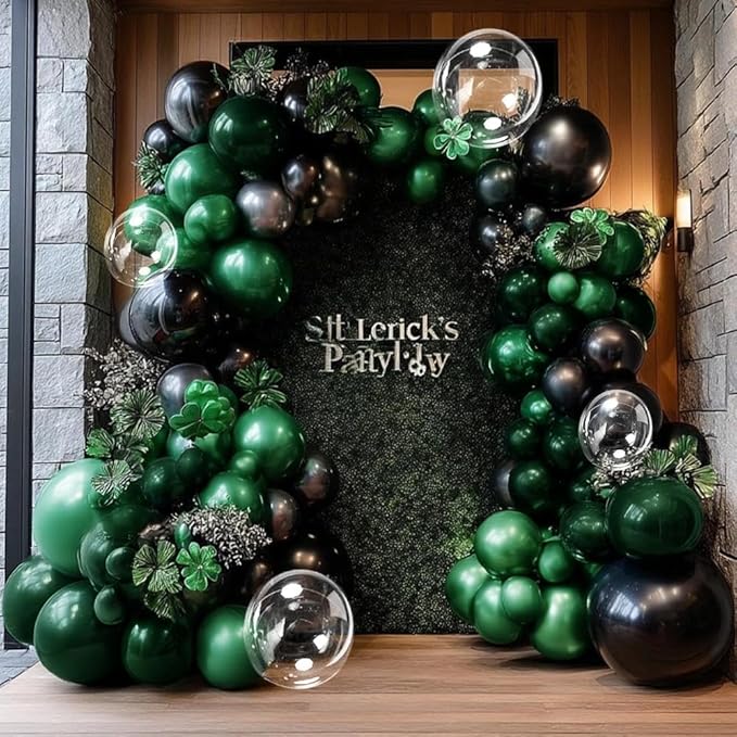 Black Green Balloon Garland Double Stuffed Dark Emerald Green Balloons Clear Bobo Metallic Black Balloon Arch Kit for Christmas New Year Birthday Bridal Shower Graduation Party Decorations
