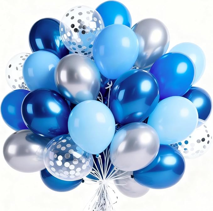 PartyWoo Blue and Silver Balloons 65pcs 12 Inch Light Pastel Baby Metallic Pearl Blue Metallic Chrome Silver Confetti Balloons for Gender Reveal Wedding Baby Shower Birthday Party Decorations