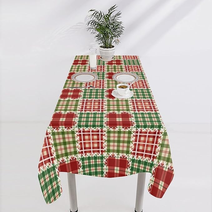 YCness Patchwork Geometric Grids Tablecloth, Christmas Seasonal Colorful Red Green Table Cover for Dinner Birthday Holiday Party Kitchen Colorful Red White Table Decor 55x55 Inch Rectangle