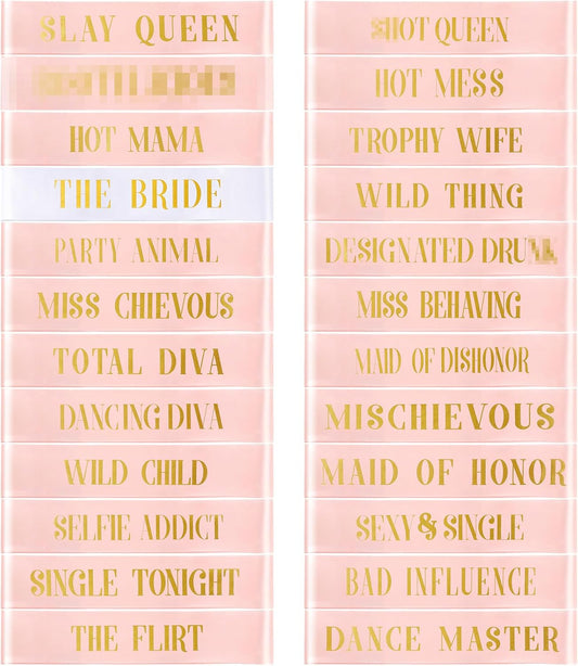 24 Pcs Bride Sash Bachelorette Party Bridesmaid Sashes Set Bridal Team Sash Bachelorette Party Sashes Bridal Shower Decorations Bride Gifts for Bridesmaids Maid of Honor(White Rose Gold)