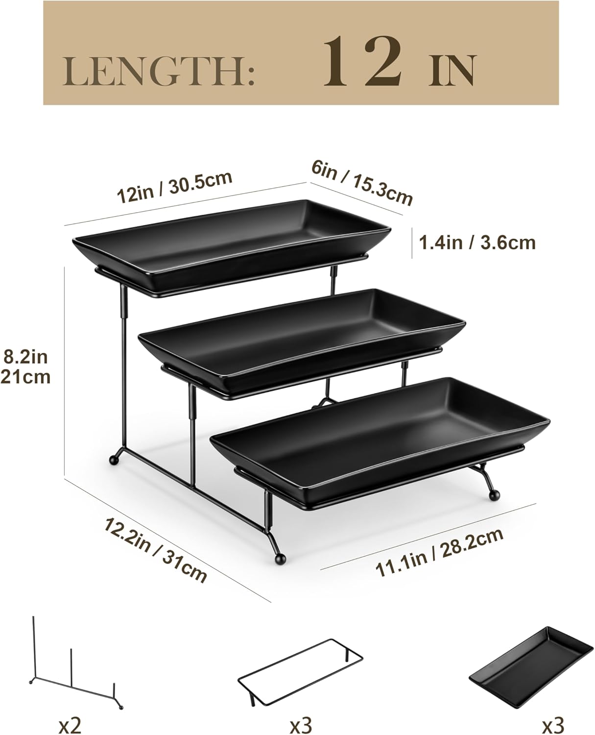 MALACASA 3 Tier Serving Tray, Porcelain Tiered Serving Trays Platters, 12 Inch Serving Stand with Platters,Black Dessert Stand with Collapsible Sturdier Metal Rack,Series PLAT