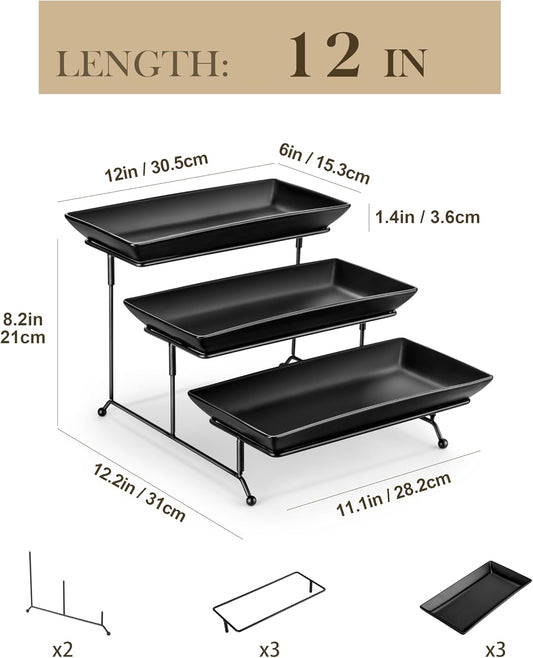 MALACASA 3 Tier Serving Tray, Porcelain Tiered Serving Trays Platters, 12 Inch Serving Stand with Platters,Black Dessert Stand with Collapsible Sturdier Metal Rack,Series PLAT