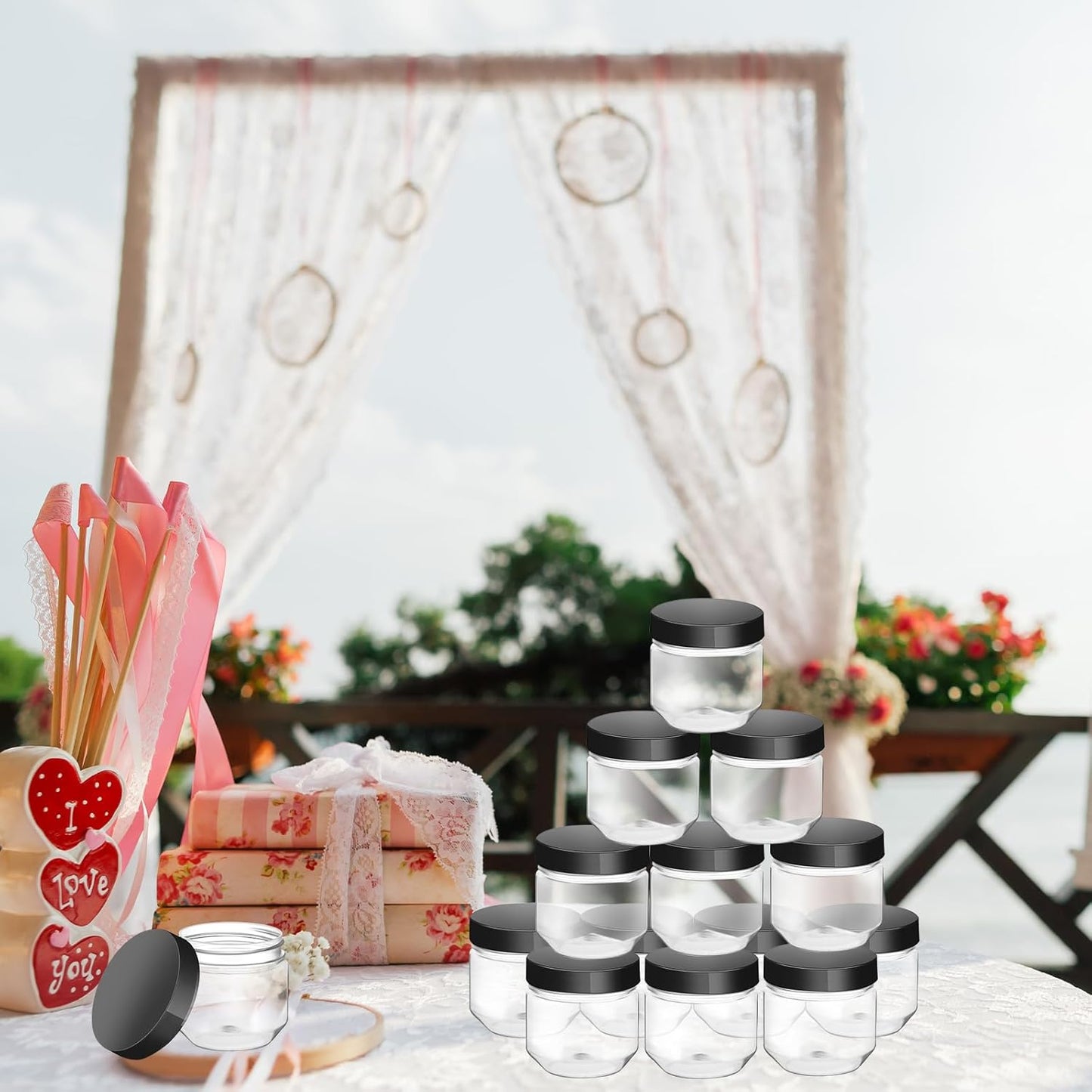 Tanlade 60 Pcs 3 oz Clear Plastic Jars with Lids Wide Mouth Mason Jars Mini Storage Containers Bulk for Herb Jelly Wedding Valentine Favors Shower Party Favors(Sleek Black)