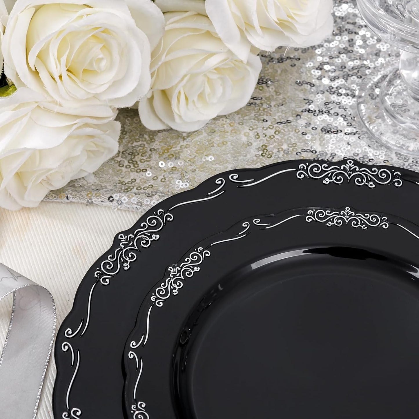 DaYammi 60PCS Black and Silver Plastic Plates, Heavy Duty Black and Silver Disposable Plates Premium 10inch Dinner Plates Hard Plastic Plates Disposable for Halloween Party and Wedding