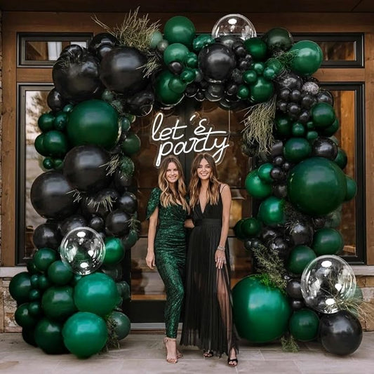 Black Green Balloon Garland Double Stuffed Dark Emerald Green Balloons Clear Bobo Metallic Black Balloon Arch Kit for Christmas New Year Birthday Bridal Shower Graduation Party Decorations