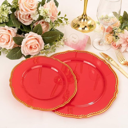 Hioasis 60pcs Red Plastic Plates - Red and Gold Disposable Dinnerware with Gold Rim, Heavy-duty, 7.5 inch, Dessert Plates for Party & Christmas