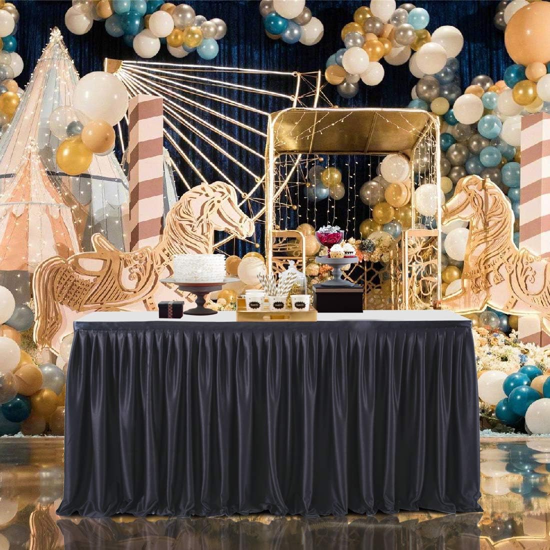 9ft Black Table Skirts for Rectangle Tables Polyester Table Skirt Desk Skirts Ruffle Tablecloth Skirt for Birthday Party Banquet Black Theme Party Wedding Bridal Shower Table Decorations
