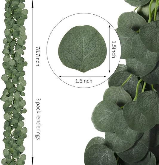CQURE 90Pcs Eucalyptus Garland,Artificial Eucalyptus Leaves Table Greenery Garland Wreath Vines for Wedding Party Table Fireplace Bedroom Wall Decor