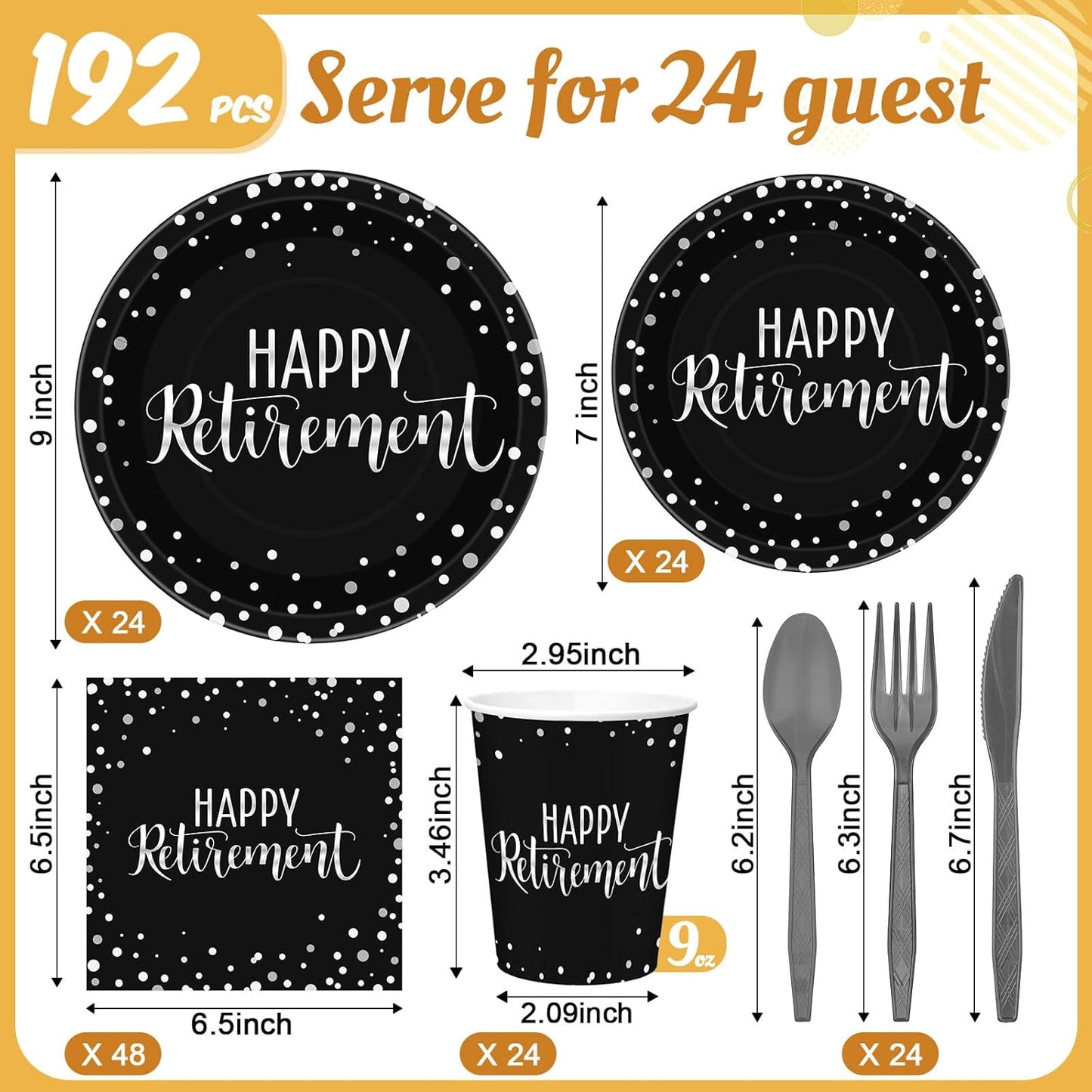 Pickmesh 192 Pcs Retirement Party Decorations Happy Retirement Paper Plates and Napkins Set with Cups and Knife Fork Spoon,Farewell Party Disposable Tableware for 24 Guest Women Men(Black Silver)