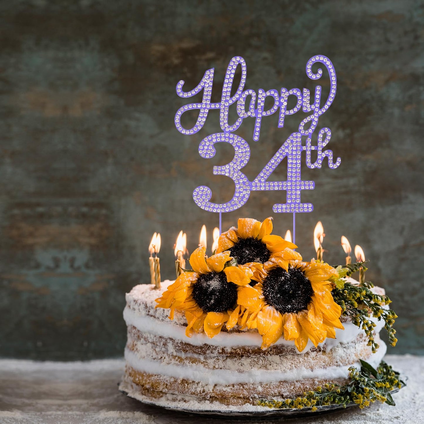 LASKYER Happy 34th Birthday Purple Rhinestone Cake Topper - 34th Birthday/Anniversary,Cheers to 34 Years Old Bday Party Metal Sparkly Centerpieces Decorations.