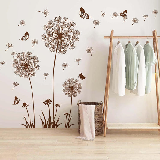 Supzone Dandelion Wall Stickers Flower Wall Decals Butterflies Flying Wall Decors Wall Art Stickers for Bedroom Living Room Sofa Backdrop TV Wall Decoration(Brown)
