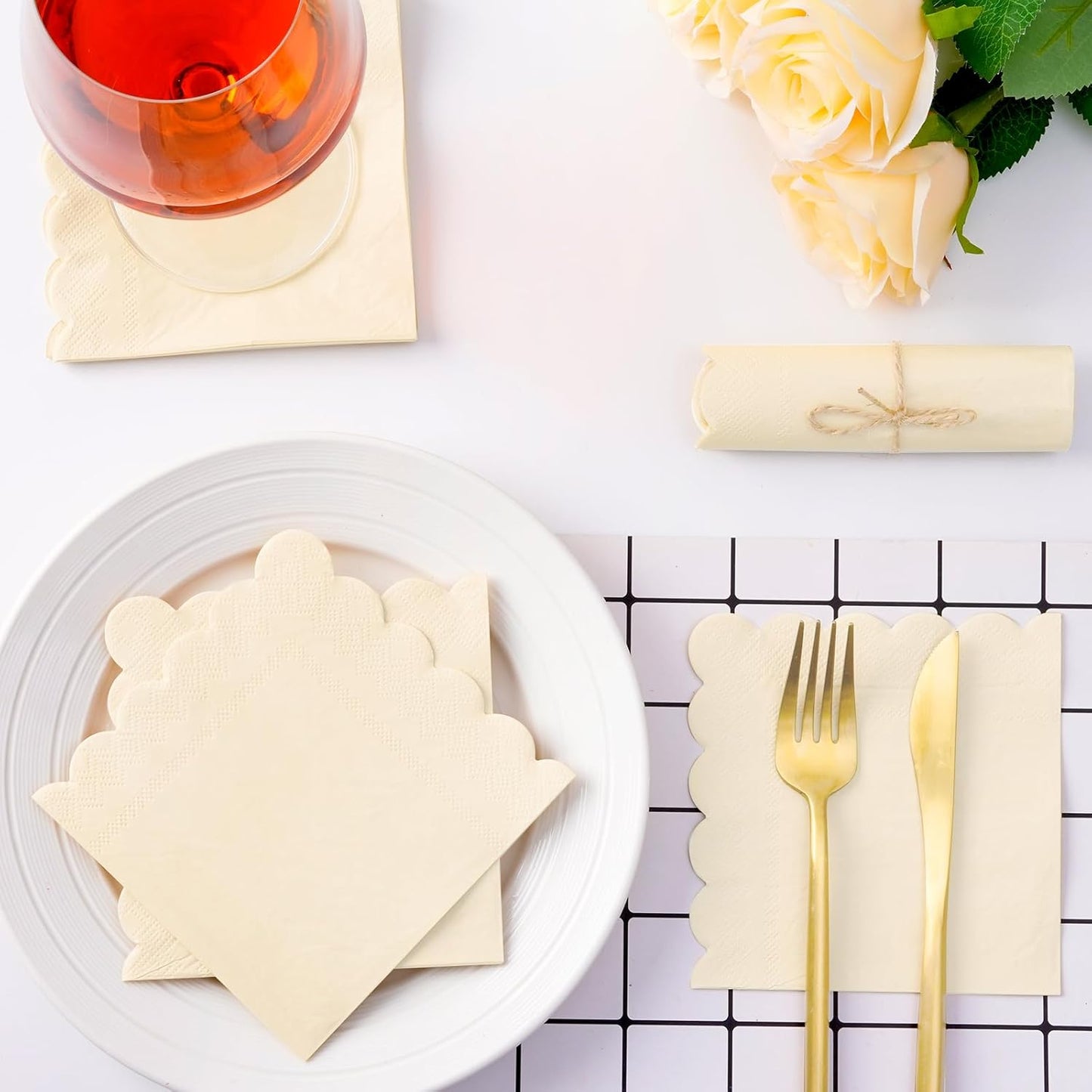 100 Cream Scalloped Cocktail Napkins, 3 Ply 5 x 5 Inch Beverage Napkins Paper Napkins Disposable Luncheon Napkins for Wedding Birthday Party Bridal Anniversary Baby Shower