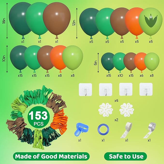 Amandir 153pcs Dinosaur Balloons Arch Garland Kit, Different Sizes 18 12 10 5 inch Dark Green Brown Orange Printed Dino Balloons for Boys Jungle Safari Dinosaur Birthday Party Baby Shower Decorations