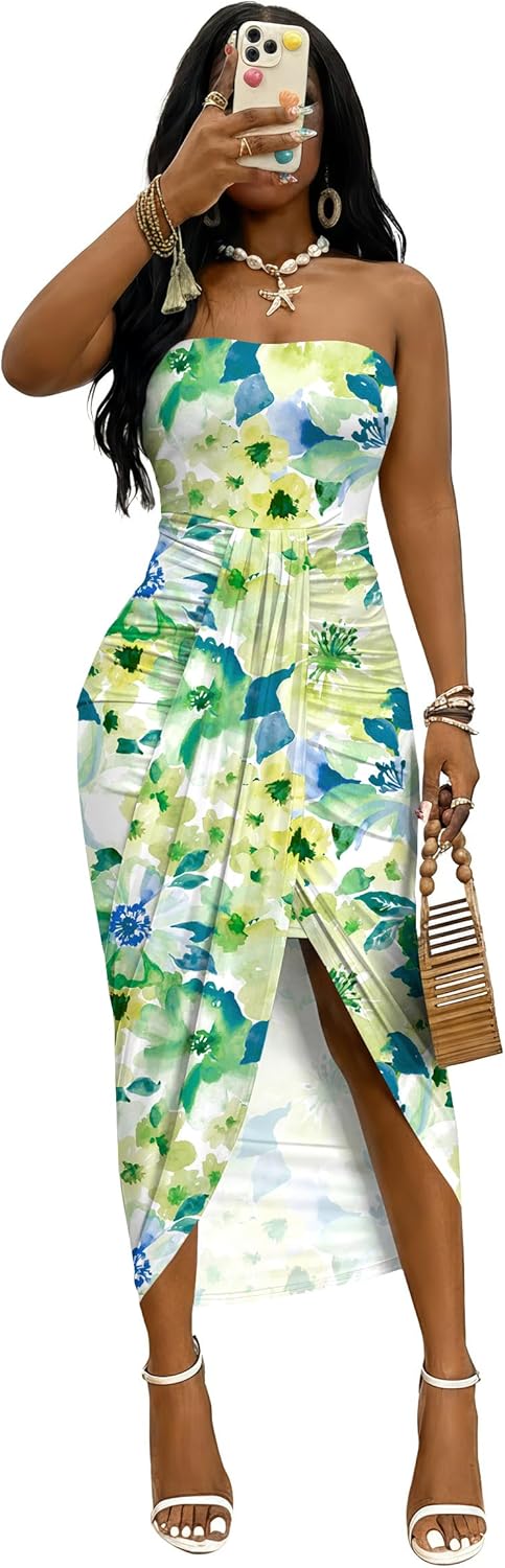 Umenlele Women's Strapless Ruched High Waist Wrap Split Asymmetrical Beach Maxi Long Dress