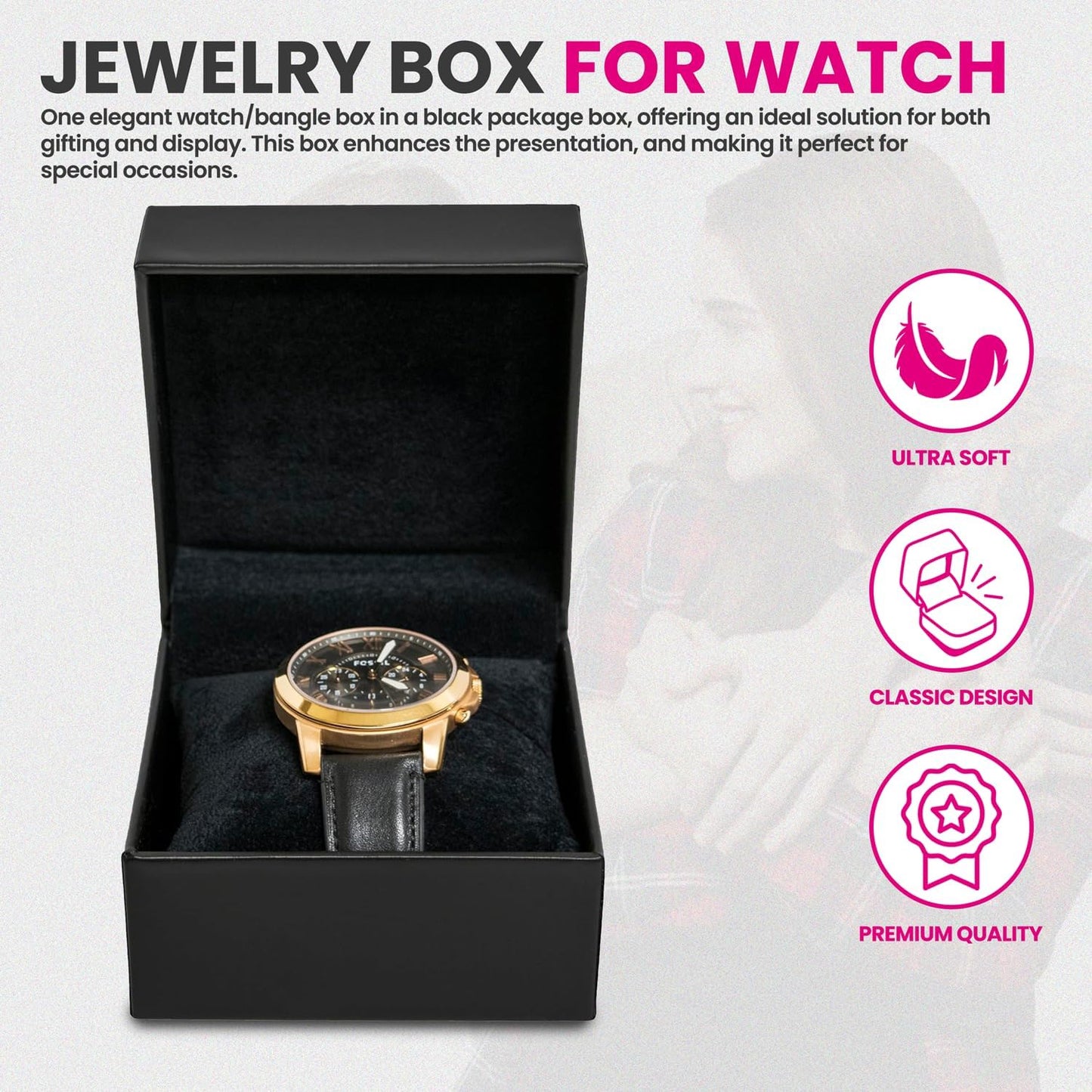 Novel Box Black Jewelry Box for Watch/Bangles 4x4x3 Inches - Watch/Bangle Gift Box for Proposal Wedding Engagement - Faux Leatherette Jewelry Display Box - Gift Presentation Boxes for Watch/Bangles