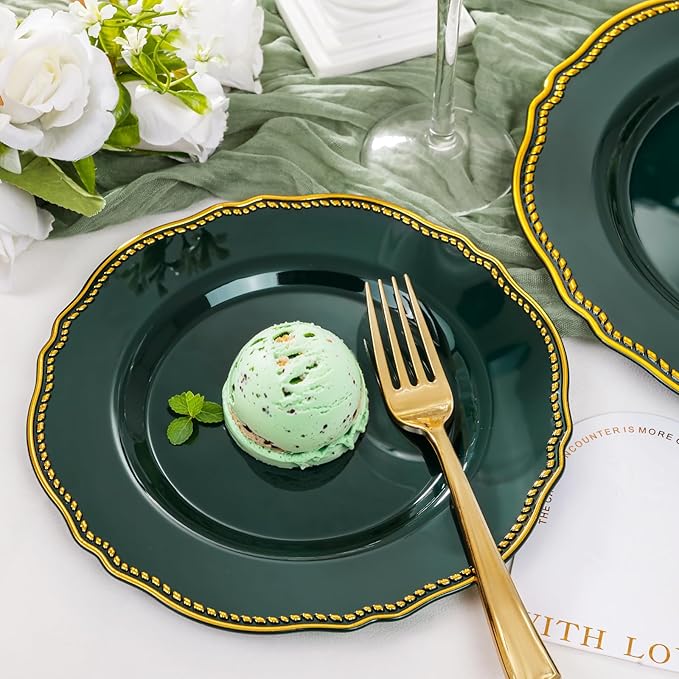 Hioasis 60pcs Green Plastic Plates - Green and Gold Disposable Dinnerware with Gold Rim, Heavy-duty, 7.5 inch, Dessert Plates for Party & Christmas& St. Patrick's Day